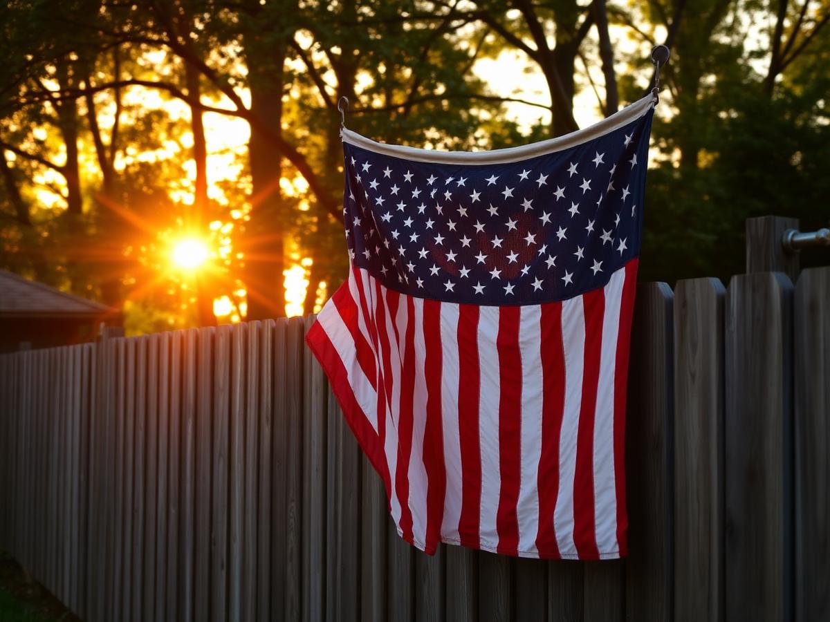 Bandeira dos Estados Unidos em uma cerca de madeira ao pôr do sol