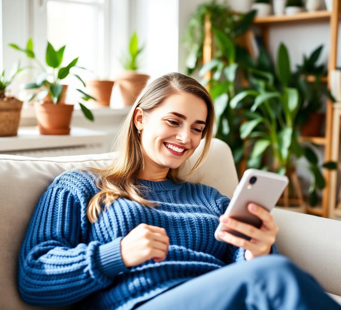 Mulher sorrindo no sofá simulando o consórcio pelo celular